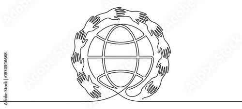 Hands embracing the globe in a continuous line drawing symbolizing global unity and cooperation for a better world.