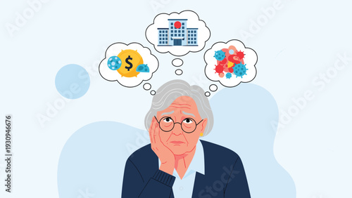 Worried senior woman wearing glasses thinking about hospital bills, medical expenses, and various health concerns.