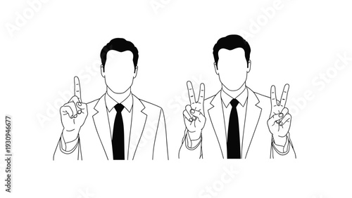 Minimalist line art of two businessmen in suits making hand gestures representing numbers one and two or victory.