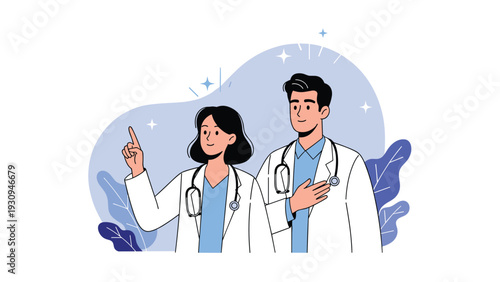 Team of two professional doctors, a man and a woman, making positive gestures and pointing forward to provide advice.