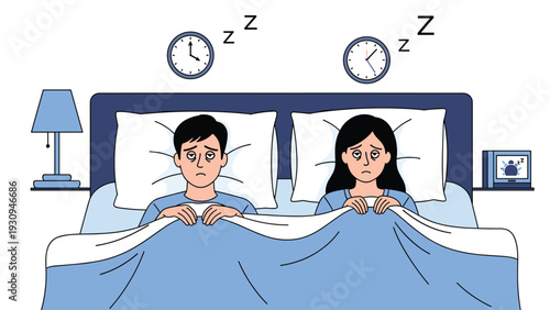 Couple in bed suffering from insomnia with dark circles under their eyes and clocks showing the late night hours.