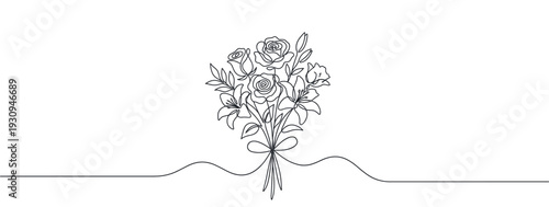 Beautiful bouquet of flowers drawn in a continuous line art style, featuring roses and lilies tied with a delicate bow.