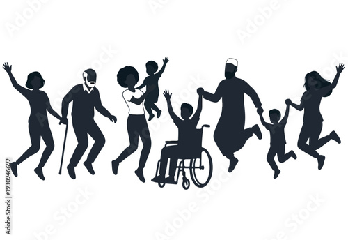 Diverse group of people including elderly, children, and people with disabilities celebrating together, silhouette vector