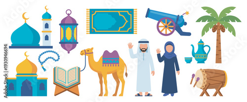 Islamic cultural and religious elements flat design collection featuring mosques, lanterns, camels, and people for festive celebrations.