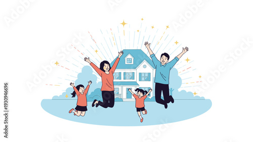 Excited family of four jumping for joy in front of their beautiful new two-story suburban house in the bright sun.
