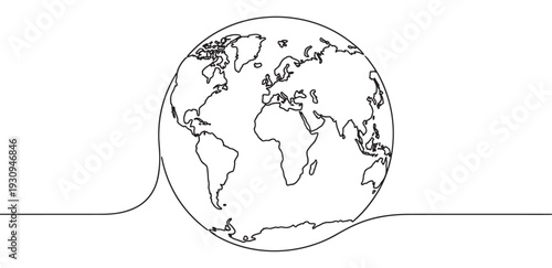 Earth globe continuous line art drawing represents global connection, environmental sustainability, and the interconnectedness of all nations.