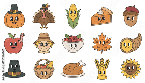 Thanksgiving autumn harvest characters collection features cute retro cartoon illustrations for seasonal celebration.