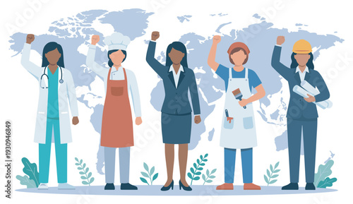 Diverse women professionals from various occupations are raising their fists in a powerful gesture of global empowerment and solidarity.