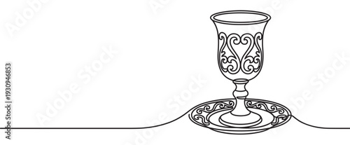 Ornate Kiddush cup and plate elegantly drawn with a single continuous line art style, symbolizing tradition and celebration.