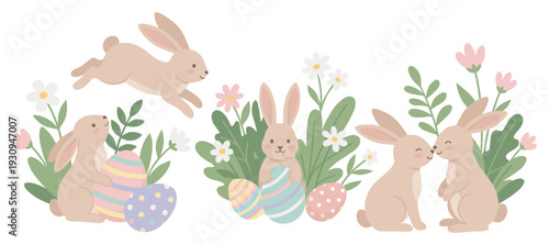 Cute Easter bunnies and colorful eggs celebrate springtime joy among blooming flowers and fresh green leaves in a delightful illustration.
