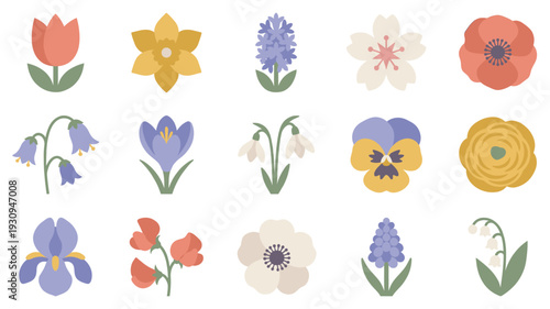 Spring flowers collection featuring various colorful garden blossoms in flat design style provides a vibrant botanical illustration.