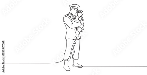 Military figure holding a child in a loving embrace, symbolizing family, reunion, and the powerful bond between parent and offspring.