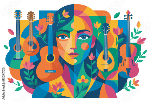 Woman, musical instruments, and flowers create a vibrant, colorful, and abstract geometric illustration celebrating art and melody.