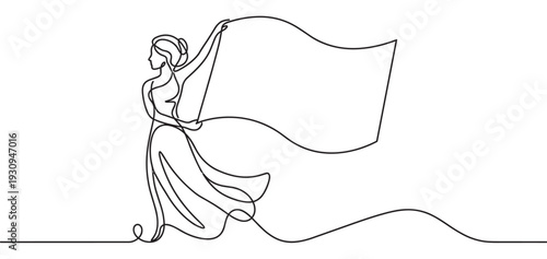 Elegant woman holding flowing fabric in a beautiful minimalist continuous line art drawing style illustration with graceful movement.