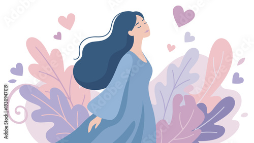 Beautiful young woman enjoys a moment of peaceful tranquility surrounded by soft pastel leaves and floating hearts.