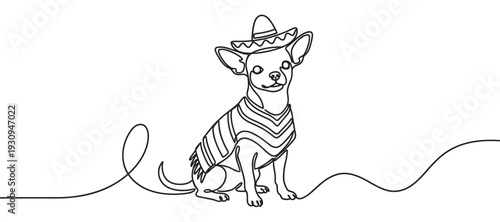 Chihuahua dog wearing a traditional Mexican sombrero and serape, depicted in a charming continuous line art illustration style.