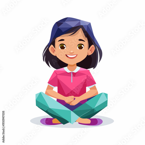 Cartoon Girl (Cross-Legged, Pink-Shirt) Sitting on Purple Circular Object with Green Pants and Dark Hair in Relaxed Pose