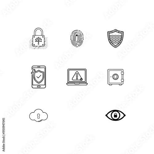 Cyber security and data privacy linear icon set, encryption technology, network protection and biometric authentication vector symbols