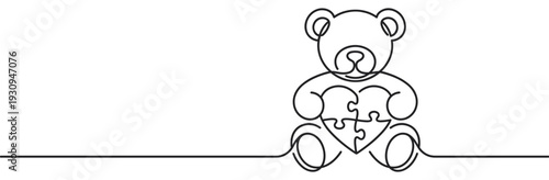 Teddy bear holding puzzle heart illustration in continuous line art style for love and autism awareness concepts.