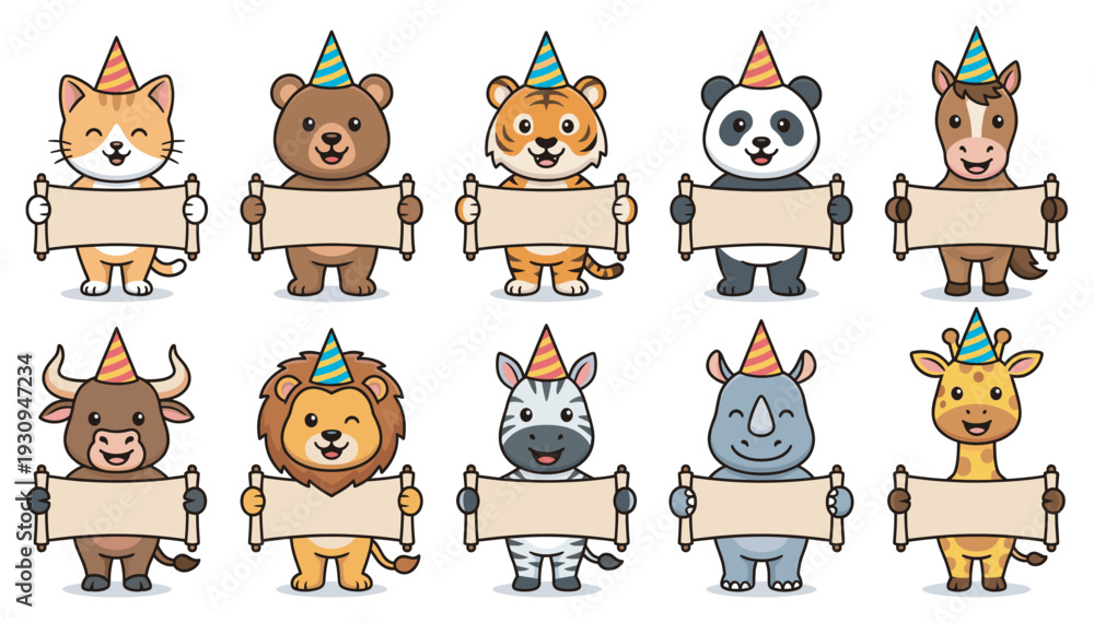 Fototapeta premium Cute cartoon animals wearing party hats holding blank banners are ready for a celebration or to display your custom message.