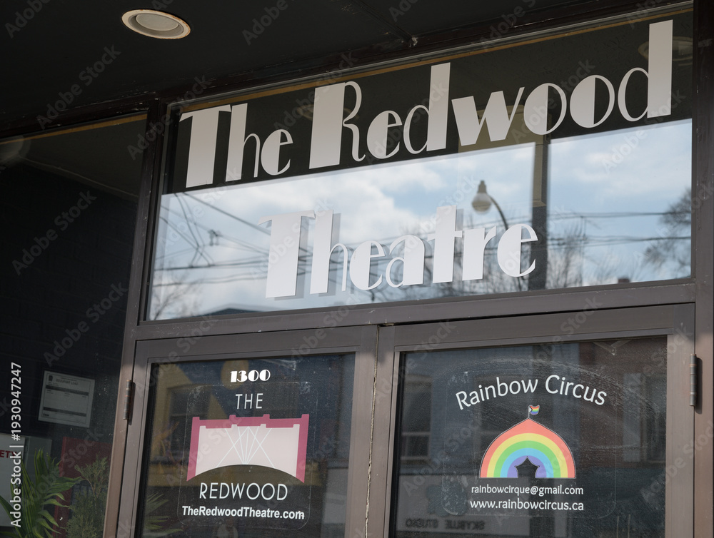 Fototapeta premium exterior building entrance and sign of The Redwood Theatre, a concert hall, located at 1300 Gerrard St E, Toronto