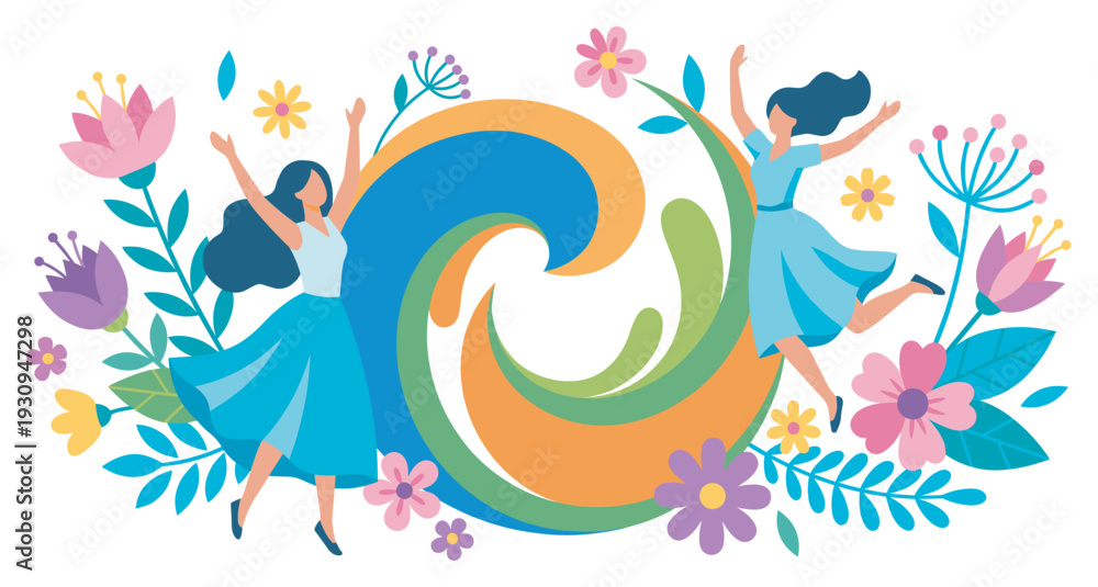 Fototapeta premium Two women celebrating joyfully amidst vibrant flowers and flowing abstract shapes, embodying freedom, happiness, and natural beauty.