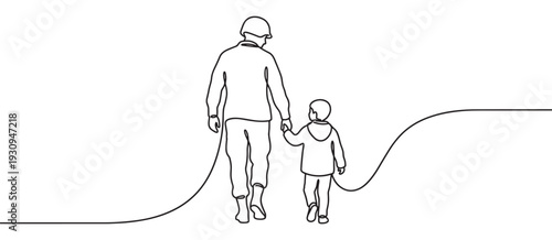 Soldier and child walking hand in hand together, symbolizing a powerful family bond, protection, and enduring love.