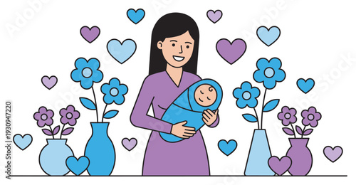 Mother holding baby surrounded by hearts and flowers in a sweet illustration celebrating family love and new life.