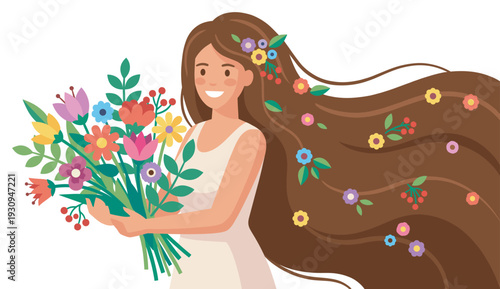 Smiling woman holding a beautiful bouquet of colorful flowers and leaves, her long hair adorned with vibrant blossoms.