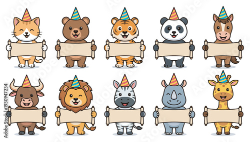 Cute cartoon animals wearing party hats holding blank banners are ready for a celebration or to display your custom message.