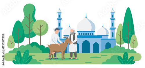 Two men and a goat stand together in a vibrant green outdoor setting with a traditional mosque and lush trees.