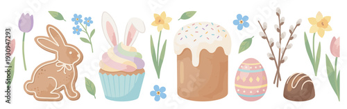 Easter elements collection with bunny cookie, decorated egg, spring flowers, and sweet treats creating a festive holiday banner.