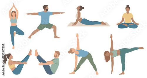 People doing various yoga and pilates poses demonstrate flexibility and strength in a collection of exercises.