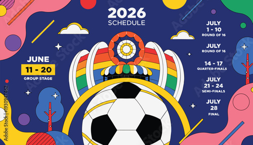Vibrant poster for 2026 soccer event with colorful graphics