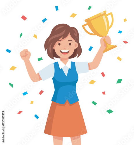 Smiling young woman celebrates her outstanding achievement with a golden trophy and colorful confetti falling around her.