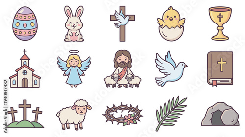 Religious and Easter holiday icons set depicting various spiritual and festive elements such as Jesus, crosses, doves, bunnies, and eggs.