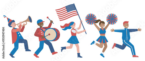 Diverse group of people celebrating a patriotic parade with musical instruments, an American flag, and cheerleading pom-poms.
