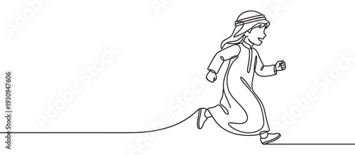 Young Arab boy running happily in traditional clothes, depicted in a cheerful continuous line art drawing style.