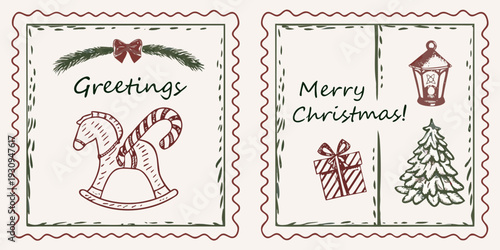 Two vintage style christmas postage stamps with festive illustrations