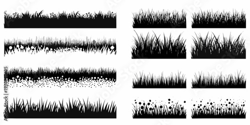 Collection of black and white grass and wildflower illustrations