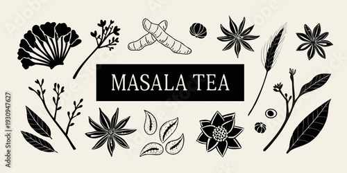 Masala tea illustration with botanical elements and spice depictions