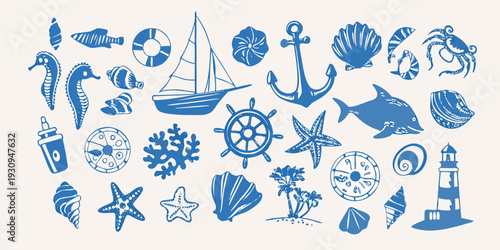 Collection of blue nautical themed illustrations including shells and sea life