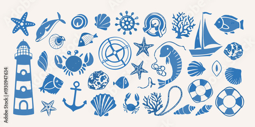 Collection of blue nautical illustrations featuring sea life and objects