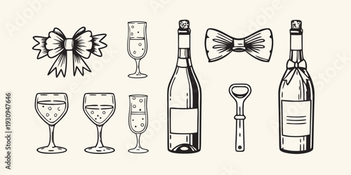 Celebratory illustration featuring champagne wine glasses and festive bows