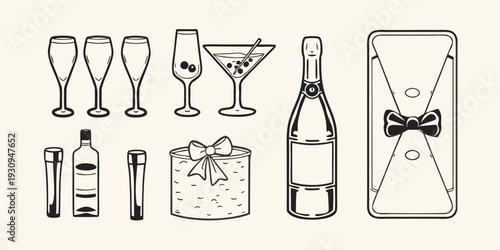 Elegant black and white line drawing of celebratory drinkware and accessories