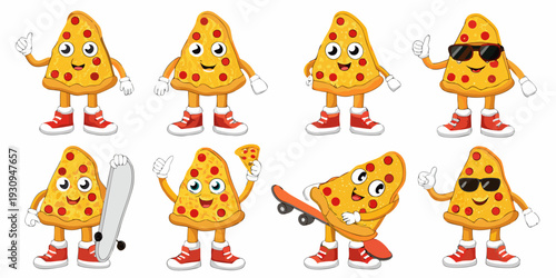 Animated pizza slices with faces and shoes in various poses
