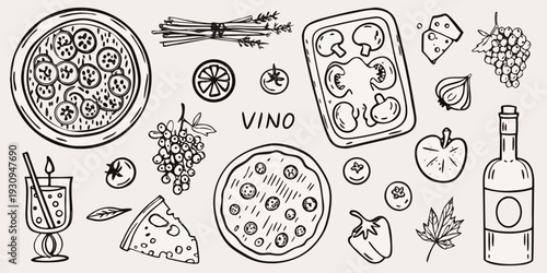 A whimsical sketch of italian food wine and dining elements