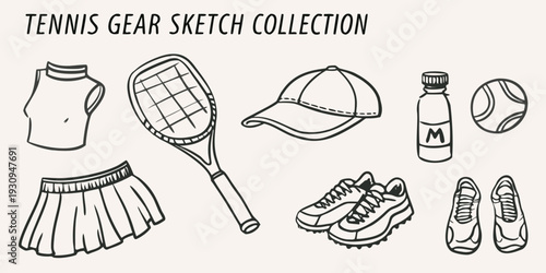 A collection of hand drawn tennis equipment and apparel sketches