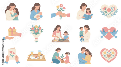 Mother and child illustrations depict heartwarming moments of family love, care, affection, and celebration, perfect for expressing gratitude and joy.