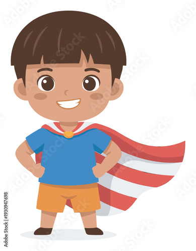 Cartoon boy superhero character stands proudly with hands on hips, wearing a vibrant red and white striped cape, ready for adventure.